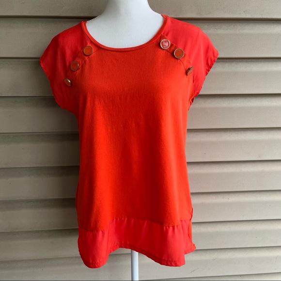 •Anne Klein• Short-Sleeve Mixed Media Button Detail Top - Size Large